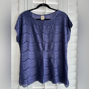FADED GLORY Dark Blue Lace Front Short Sleeve Round Neck Top Size 1X (16W)